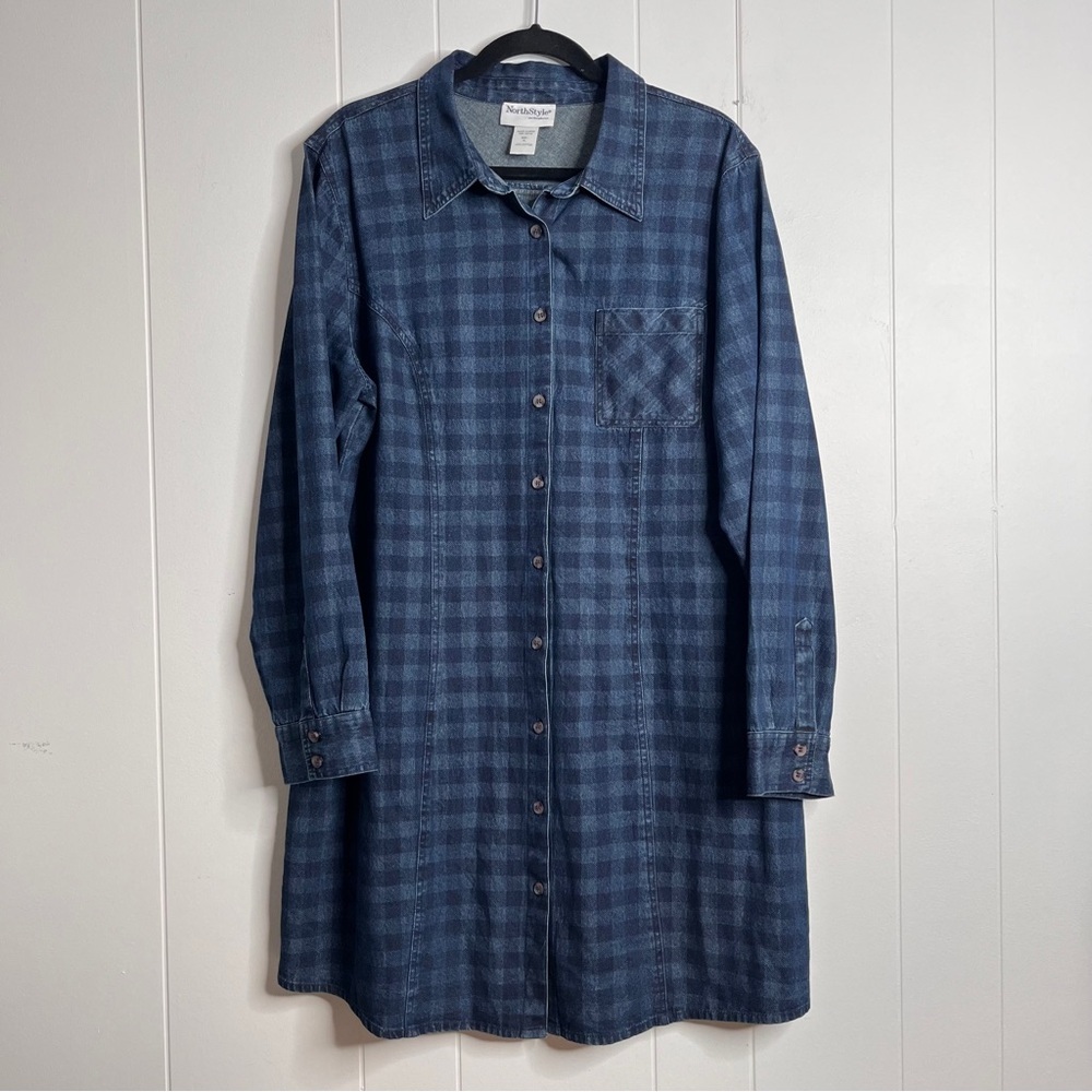 NorthStyle Shirt Dress Blue Gingham Check Denim Long Sleeve Cotton Size XL
